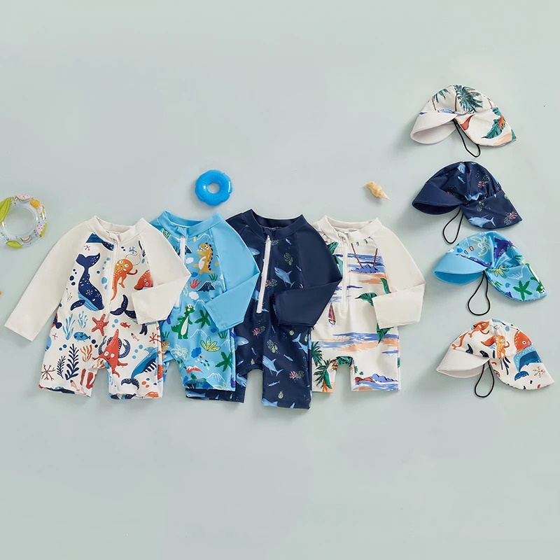 0-5Years Kids Boy Rash Guard Swimsuits Shark Print Long Sleeve Half Zip-up Bathing Suit with Sun Hat 2 Pcs Swimwear for Toddler 250326
