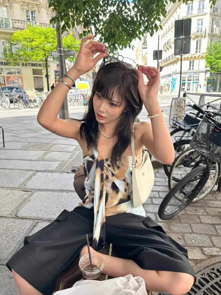 Yedinas n strapless top Bohemian Korean fashion patch work summer Camisol shoulder knot ribbon vest Y2k 250326