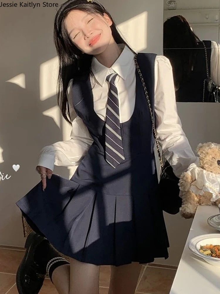 Japanese Kawaii School Student Uniform Womens Cute Girl JK Role Playing Autumn White Shirt and Wrinkle Anti Slip Dress Set 250326