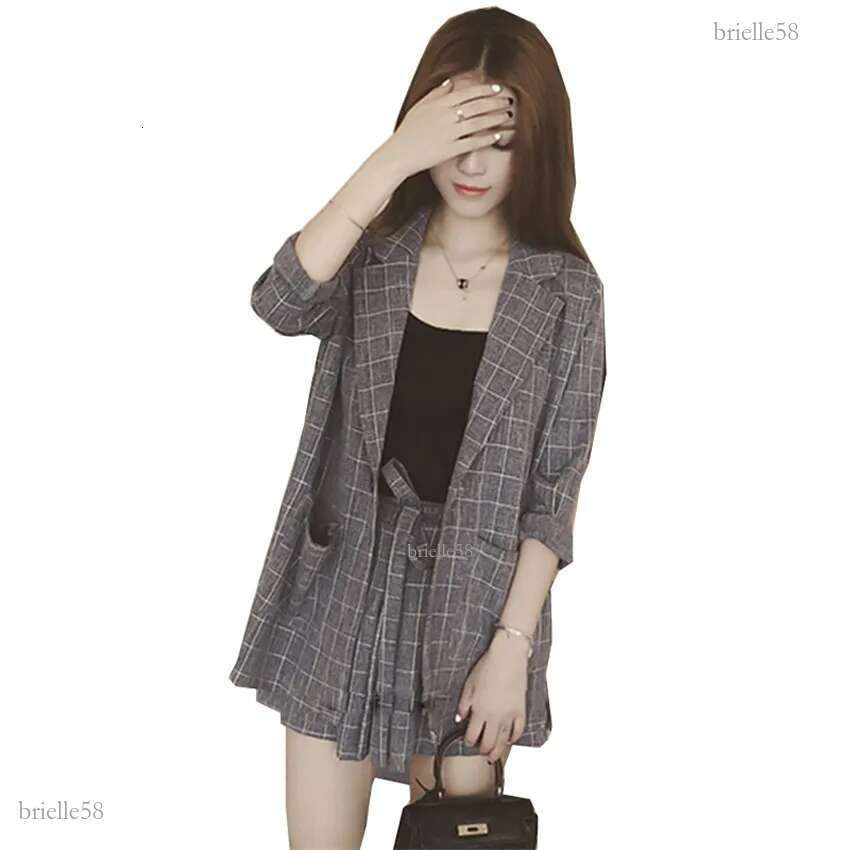New Loose Lady Midi Long Blazers Summer Two Piece Big Size Women Linen Blazer +Shorts Formal Suits Thin Sun Protection Coat W428