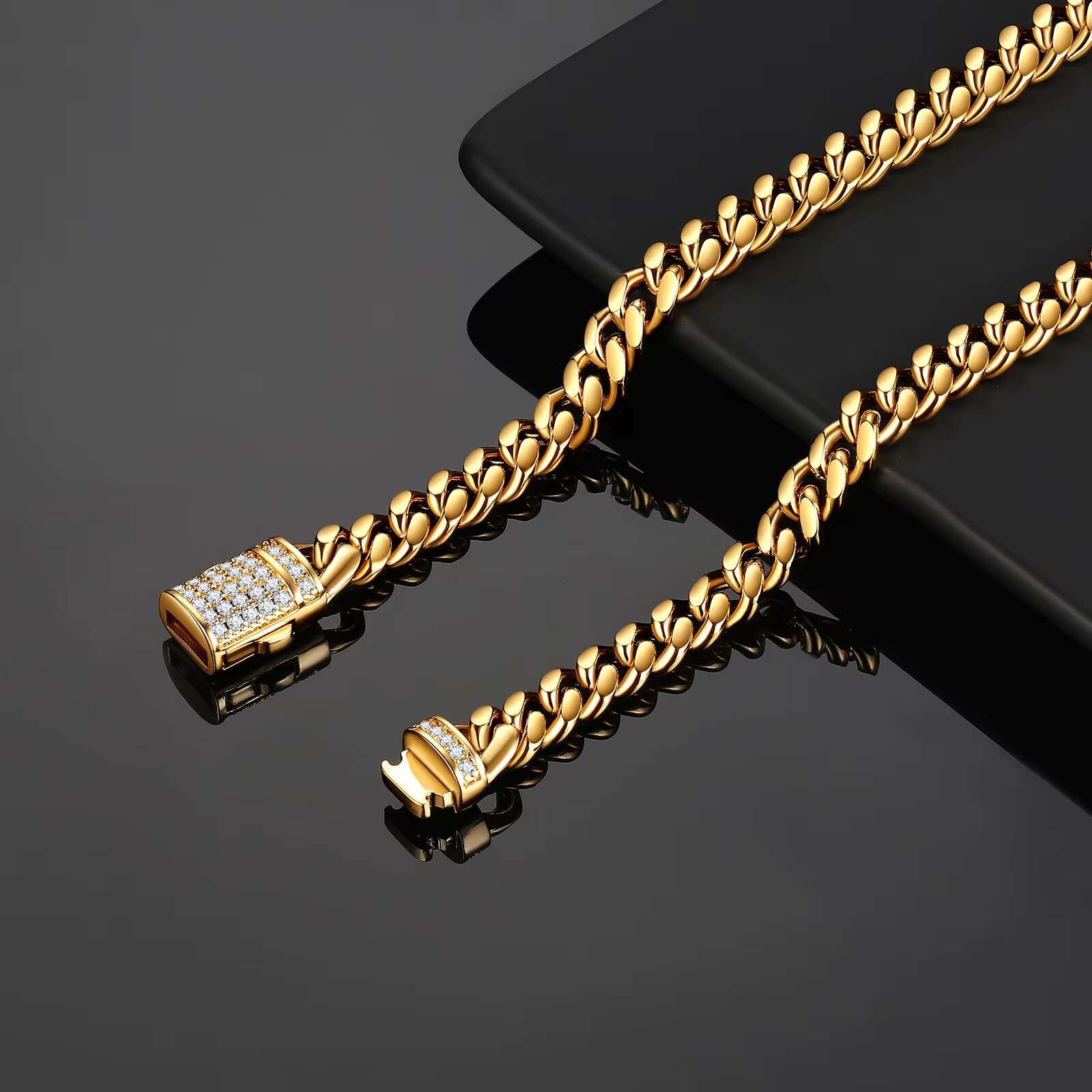 New 6-14mm Width 18K Gold Plated Stainless Steel Iced Out Zircon Clasp Cuban Chain Custom Design Miami Cuban Link Chain Necklace