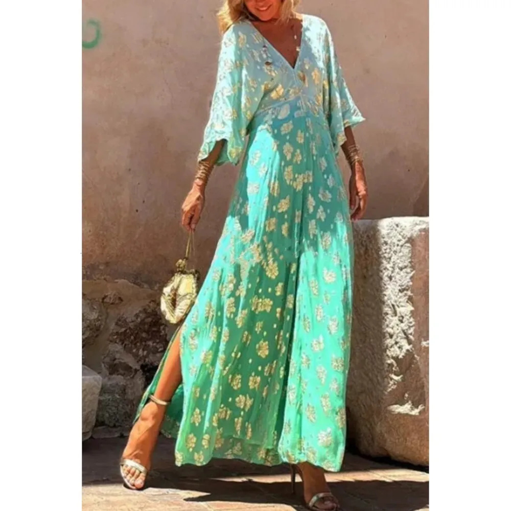 Elegant Printed Splicing Pants Fashion Deep Vneck Bat Sleeve High Waist jumpsuit Womens Casual Holiday Wide Leg 250326