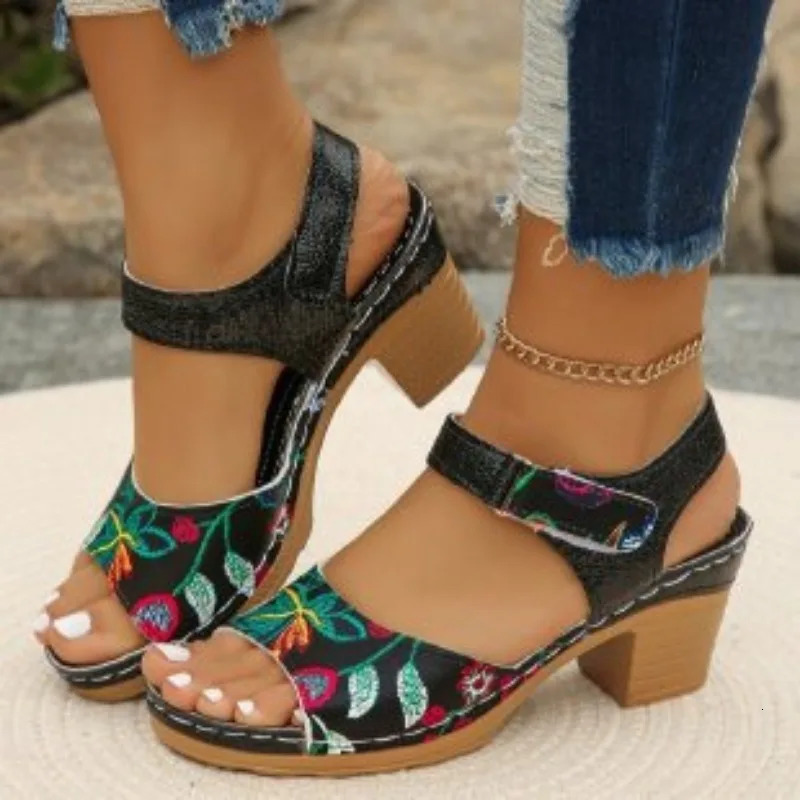 Womens Peep Toe High Heels Sandals Summer Gladiator Shoes Thick Platform Flower 250317