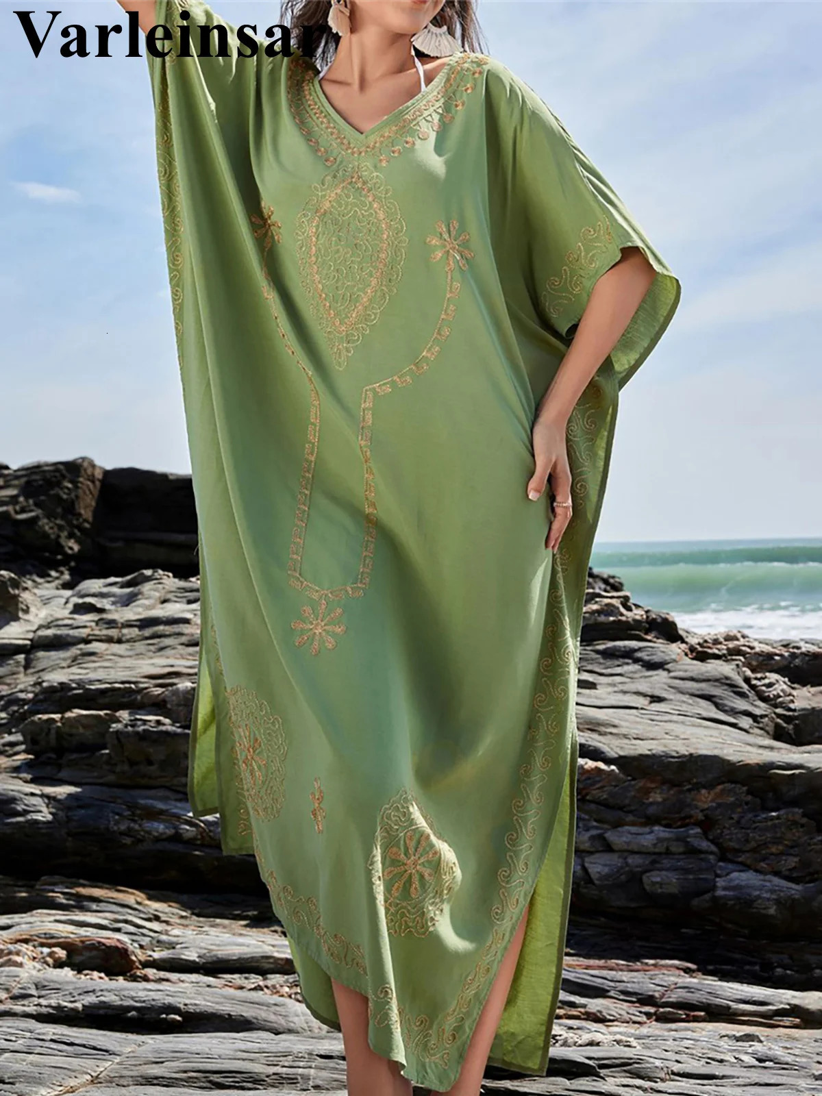 Vneck printed short sleeved crochet knitted tuned beach cover beach dress beach wear for women V6230 250324