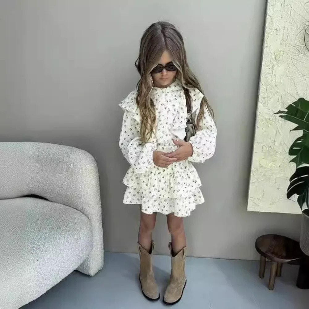 4478-1 Children Clothing Set INS Russian Girls Dress Autumn Floral Lace ShirtCake Skirt Two-piece Set 250326