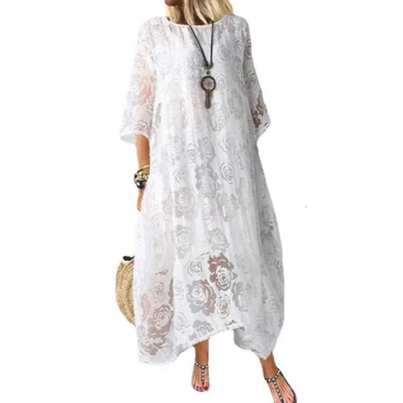 Dongdumaoyi Zomer Damesmode Nieuwe Hot Ronde Hals Korte Mouw Kant Lange Casual Damesjurk