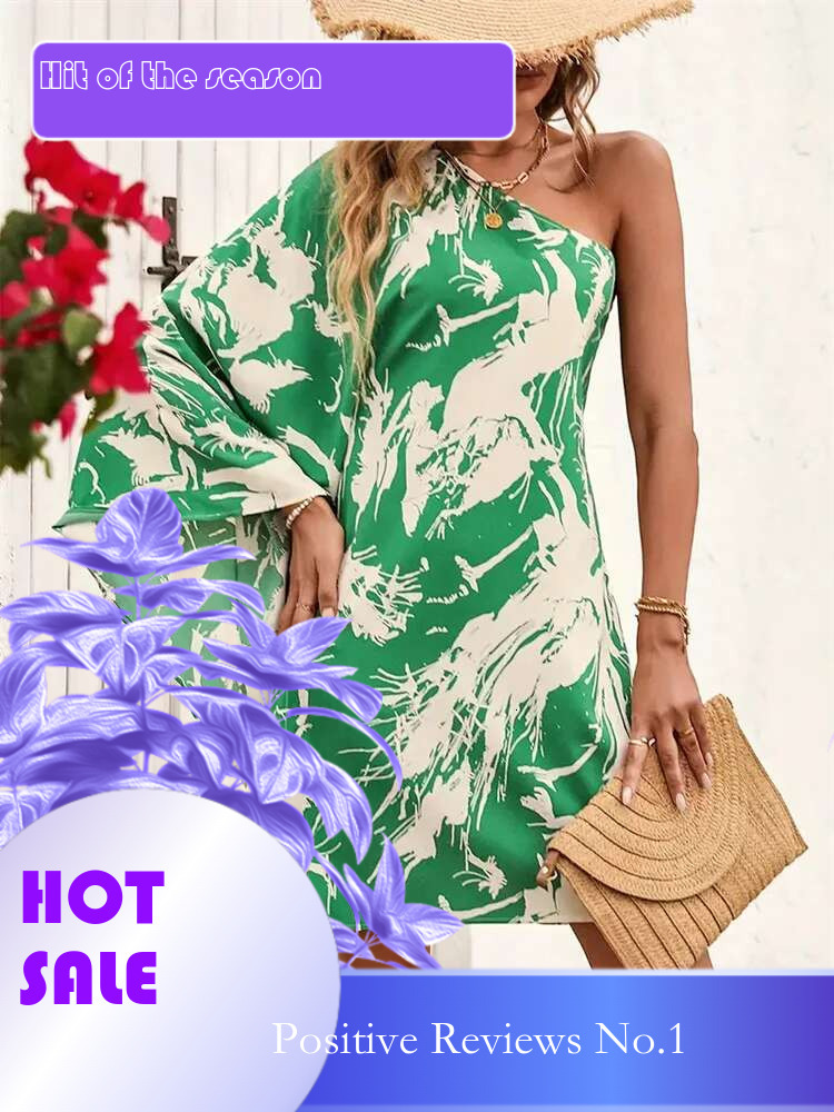 Dongdumaoyi Nieuwe Collectie Onregelmatige Halslijn Flare Mouw Print Korte Jurk Lente Zomer DAMES Stijl C