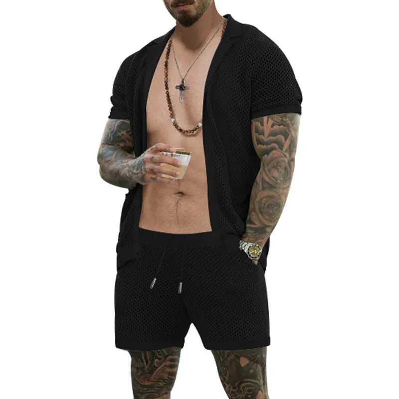 Mens Fashion Set Summer Small Hole Fabric Collar Casual Solid Color Mens High Quality Two Piece Set US SizeXJ250326