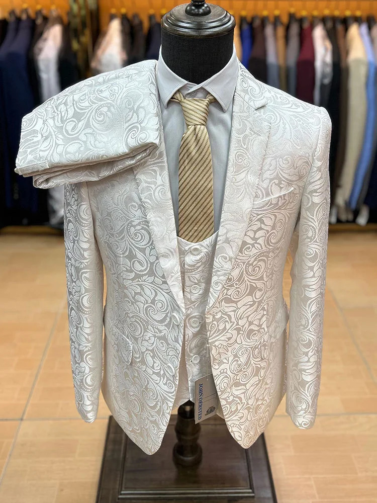 Fashionable Jacquard Elegant Mens 3Piece Set Wedding Groom Evening Dress Jacket Pants Vest Formal Banquet Ball 250326
