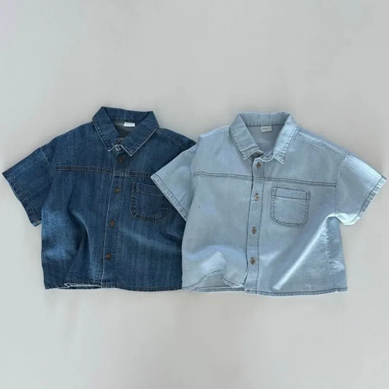 Korean Version of Short Sleeved Denim Shirt Shorts Set for Boys and Girls Summer Fashionable Two-piece Set 250326