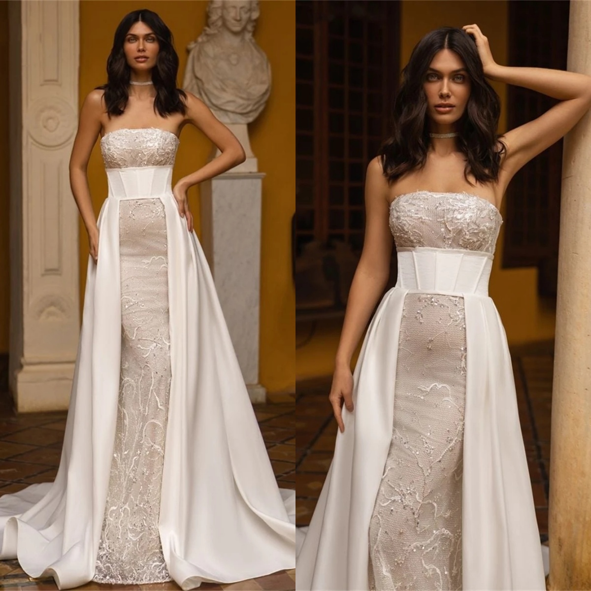 Simple Women Wedding Dress Strapless Sleeveless Bridal Gowns Appliques Detachable Train Dress Custom Made