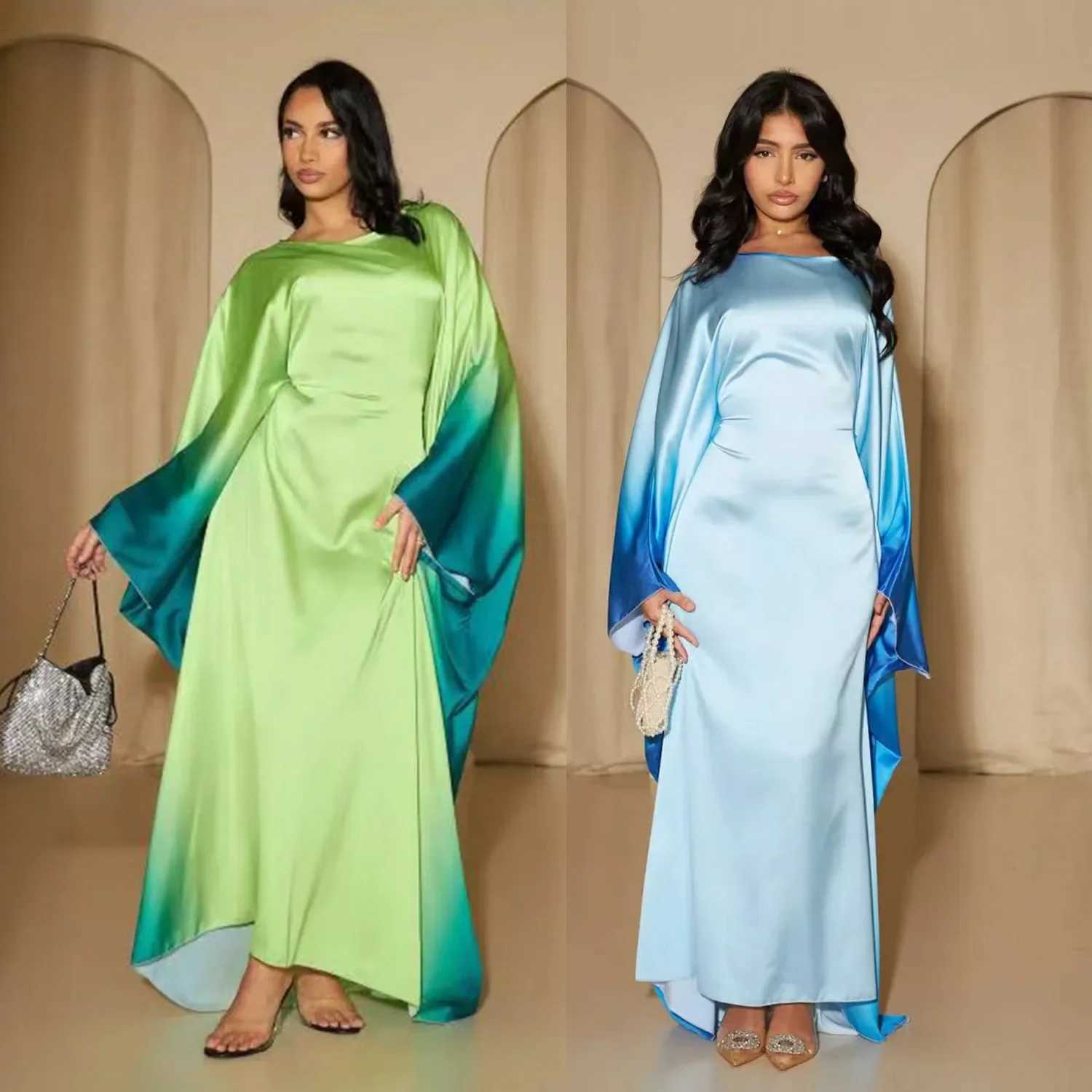 Butterfly Abaya Inside Belt Muslim Party Long Dress Gradient Satin Abayas for Women Dubai Turkey Islamic Clothes Eid Kaftan Robe X250514