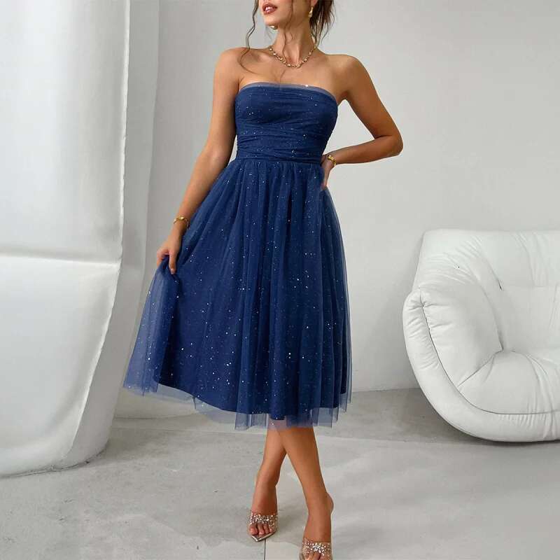 Dongdumaoyi Lente En Zomer Sexy Tube Top Hoogwaardige Mesh Feestdiner Halflange Jurk C