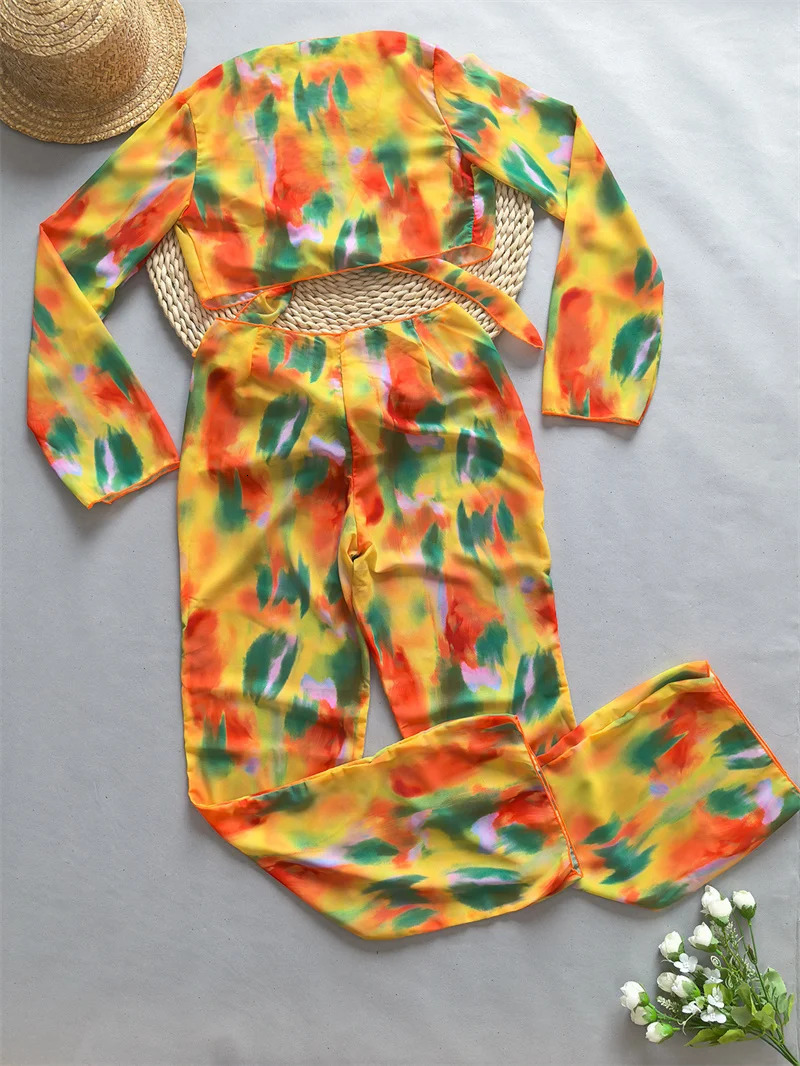 Para Praia Print Cover Ups with Long Pants 2024 Beach Bikini Cover Swimwear Cover Ups Sexy Beach Wear 250324