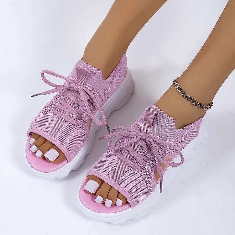 Womens Comfortable Knitted Platform Sandals Peep Toe Lace-Up Design - Versatile Casual Sgback Shoes for Sporty Style