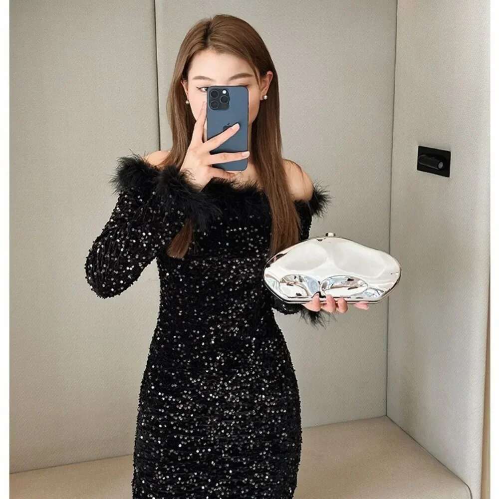 Acrylic Shell Shape Gold Sier Blue Women Evening Party Cute Metal Shiny Purse Handbag 2024 Wholesale Clutch Bag