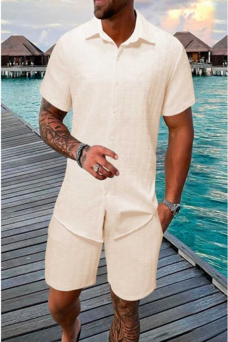 2015 Summer Full Match Jacquard Black and White Solid Color Mens Leisure Resort Set+Shorts Two Piece SetXJ250326
