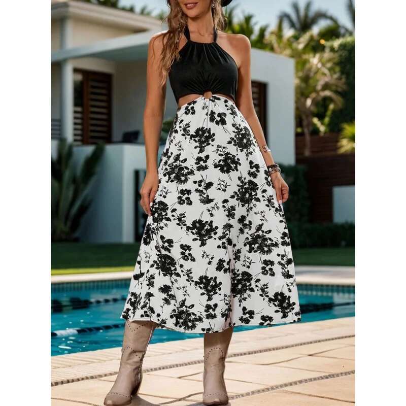 Dongdumaoyi Zomer Nieuwe Halter Jurk Grensoverschrijdende Hoge Taille Gedrukt Patchwork Mouwloze Damesmode
