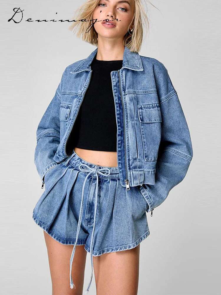 Lace Up Pleated Denim Women Shorts Suits Lapel Zipped Jacket Wide Leg Mini Pants Female Spring Summer New Fashion Lady Sets