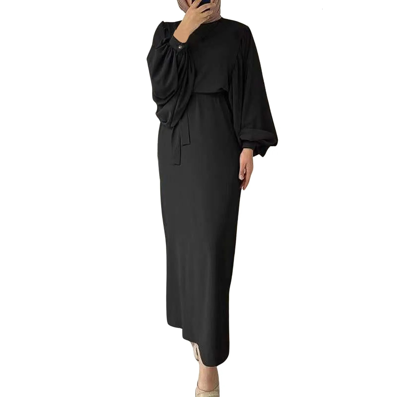 Womens Muslim Digital Elegant Long Sleeve Casual Dress Solid Color Robe with S4XL Belt 250326