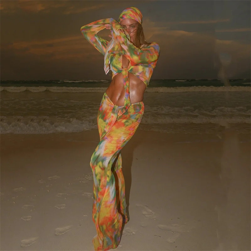 Para Praia Print Cover Ups with Long Pants 2024 Beach Bikini Cover Swimwear Cover Ups Sexy Beach Wear 250324