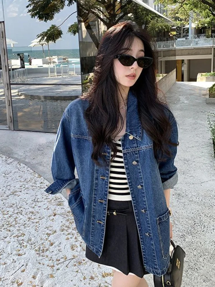 Simple casual loose denim jacket for women with large pockets retro collar long sleeves fully matched Coats chic 250326