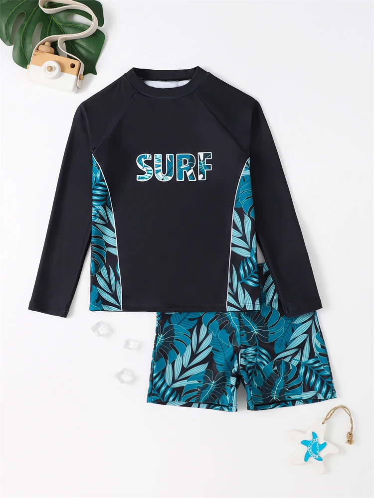 Boy Swimsuit 2025 Solid And Print Long Sleeve Children Swimwear Summer Kids Beach Wear Shorts Swimming Bathing Suit For Men 250326