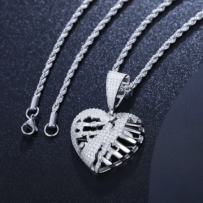 Hip Hop Iced Out Bling Hollow Heart Pendant Necklace 925 Sterling Silver Moissanite Heart Broke Pendant For Men Women Jewelry