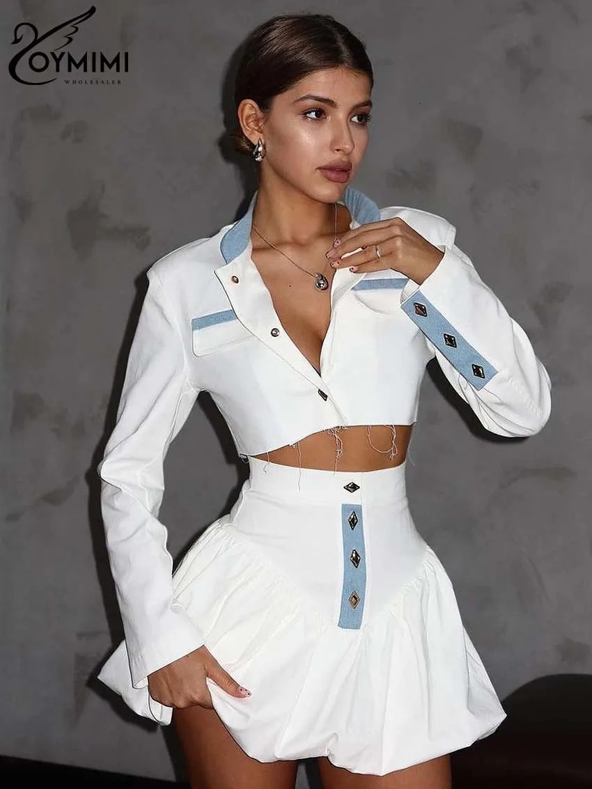 Oymimi Fashion Black Patch Two Piece Womens Casual Long Sleeve Button Pocket Crop ShirtHigh Waist Mini Ski Set 250326