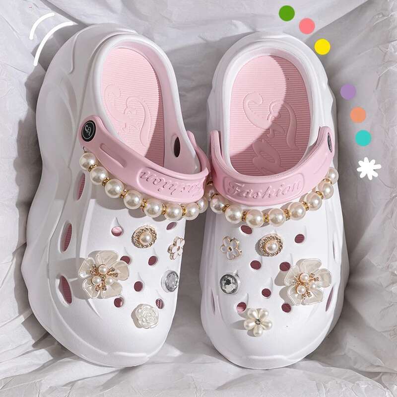 2025 Summer New Pearl Chain Thick Bottom Women's Thick Bottom Designer Fashion Beach Sandals Women's Anti Slip Wooden Clogs Garden Shoes