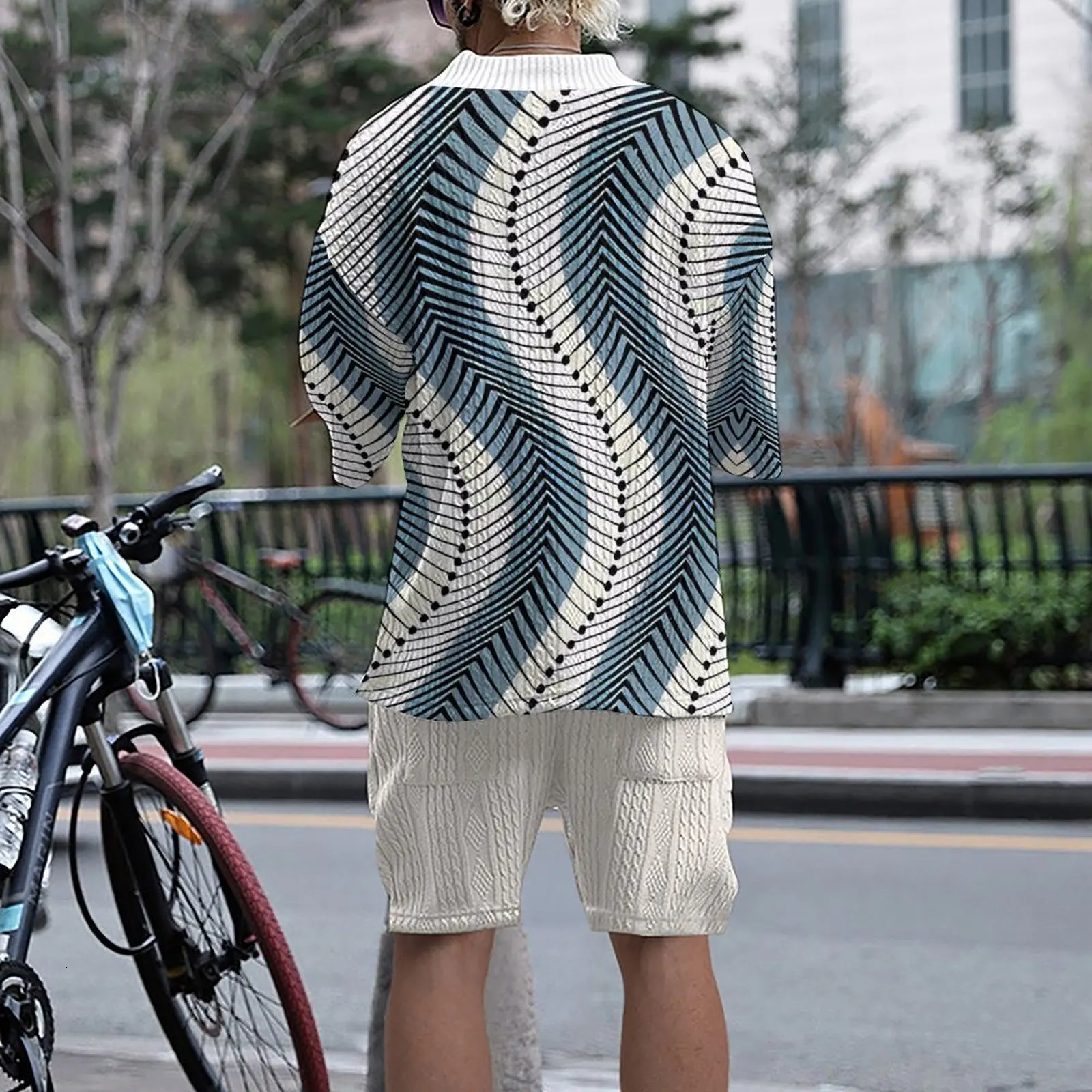2024 Summer 3D Printed Loose Size Casual Style Plus Vneck Knitted Mens Tshirt Two Piece Set 250326