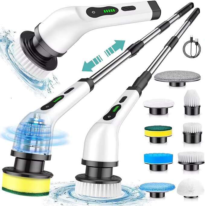 9 in 1 Replacement Heads and Extension Handle Cordless Bathroom Cleaning Brush Electric Spin Scrubber