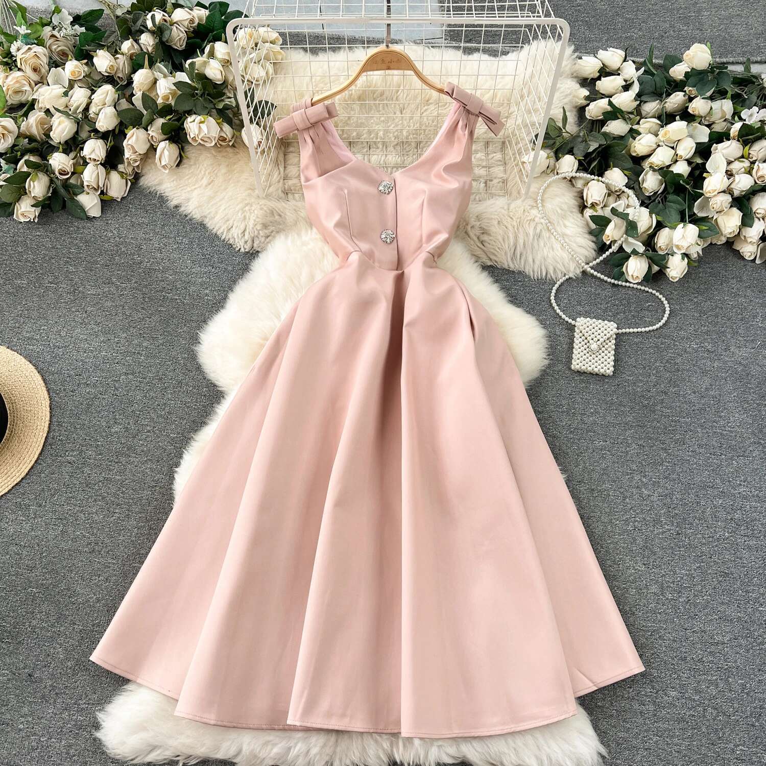 Elegant Sweet High Waist V-Neck Rhie Sleeveless Dress Vacation Slim Women Summer Party Hip Wrap Dresses