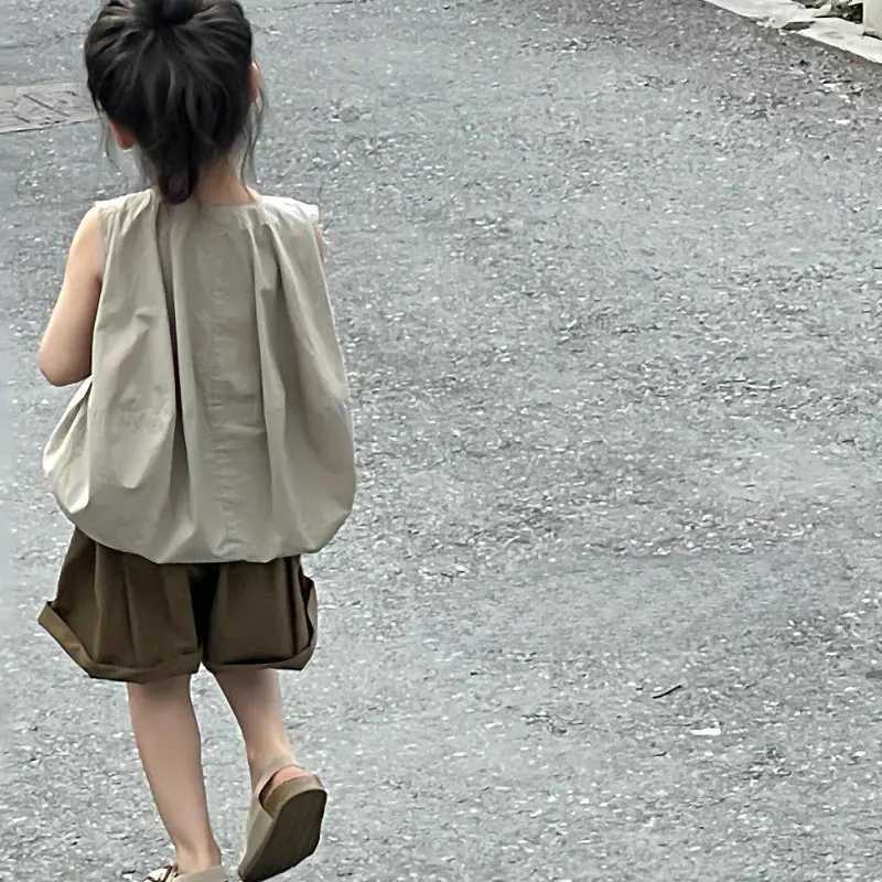 Girls clothing set sleeveless single chest pumpkin jacket+curly shorts 2024 summer new childrens set baby clothingT250327