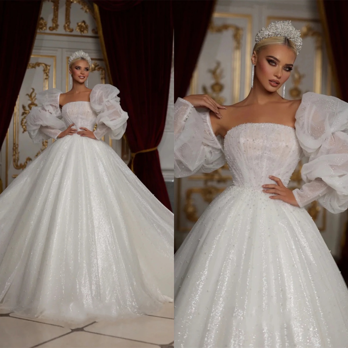 Fashion Women Wedding Dress Strapless Removable Sleeves Bridal Gowns Sequins Pearls Backless Sweep Train Dress Custom Made