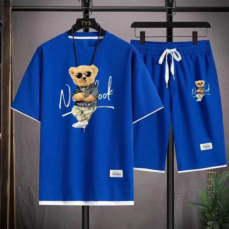 Fashion mens sportswear summer Harajuku casual short sleeved O-neck T-shirt and sports shorts 3D bear print 2-piece setXJ250326