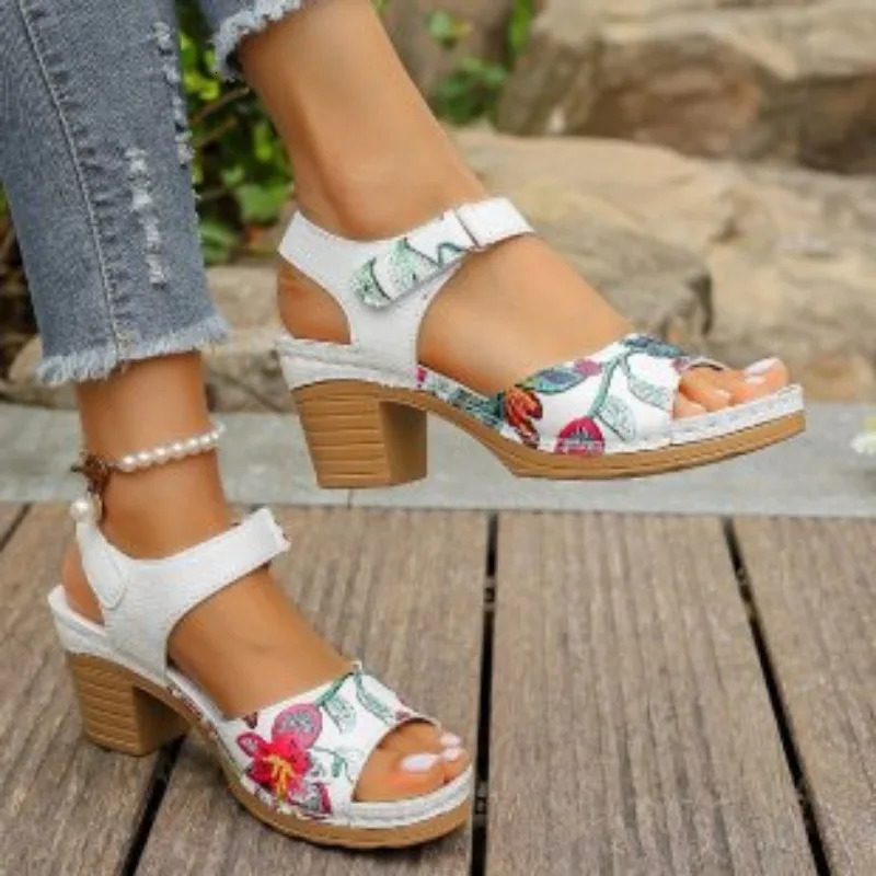 Womens Peep Toe High Heels Sandals Summer Gladiator Shoes Thick Platform Flower 250317
