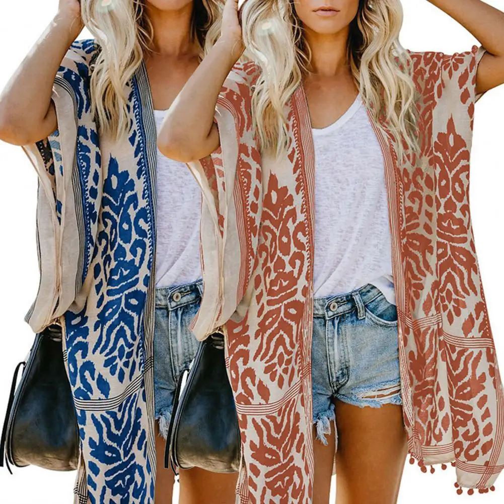 Swimsuit covered with full piece matching tassel ball breathable summer open front cardigan UV resistant wool sweater 250326