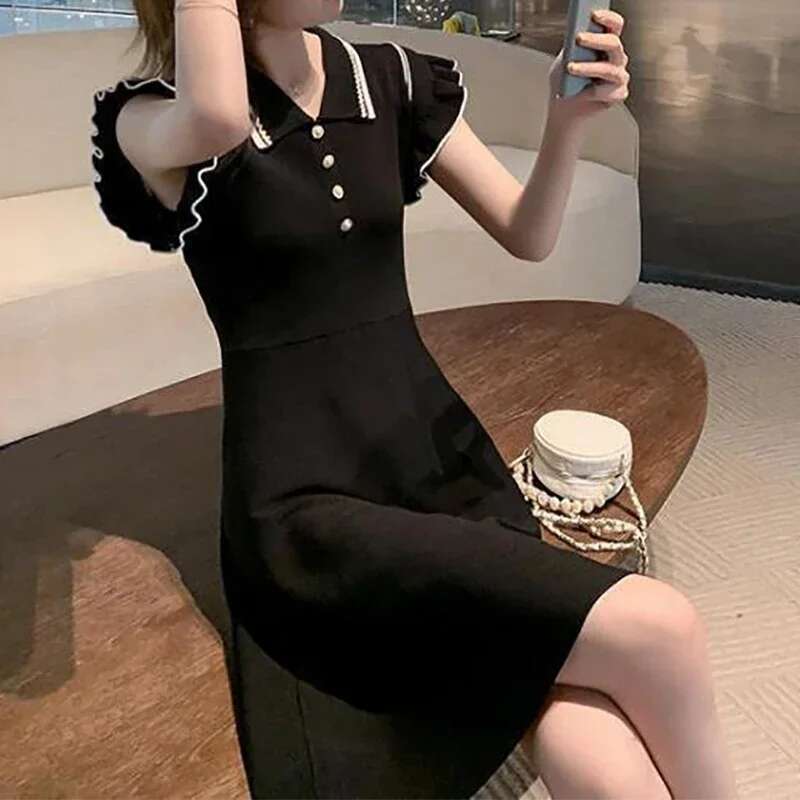 Preppy Short Women Style Buttons Sleeved Knit Contrast Color Stripes Turn-down Collar Summer Mid-Length Casual Dress