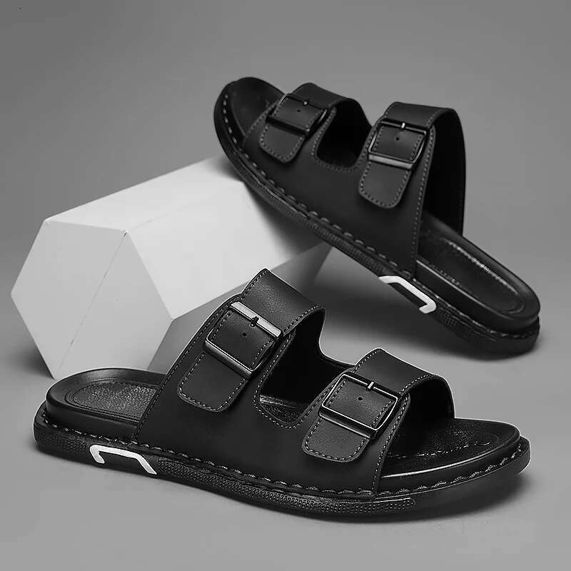 Fashion for men, PU leather, metal details, buckle strap, plus size, summer beach men's mid heeled shoes, sandals