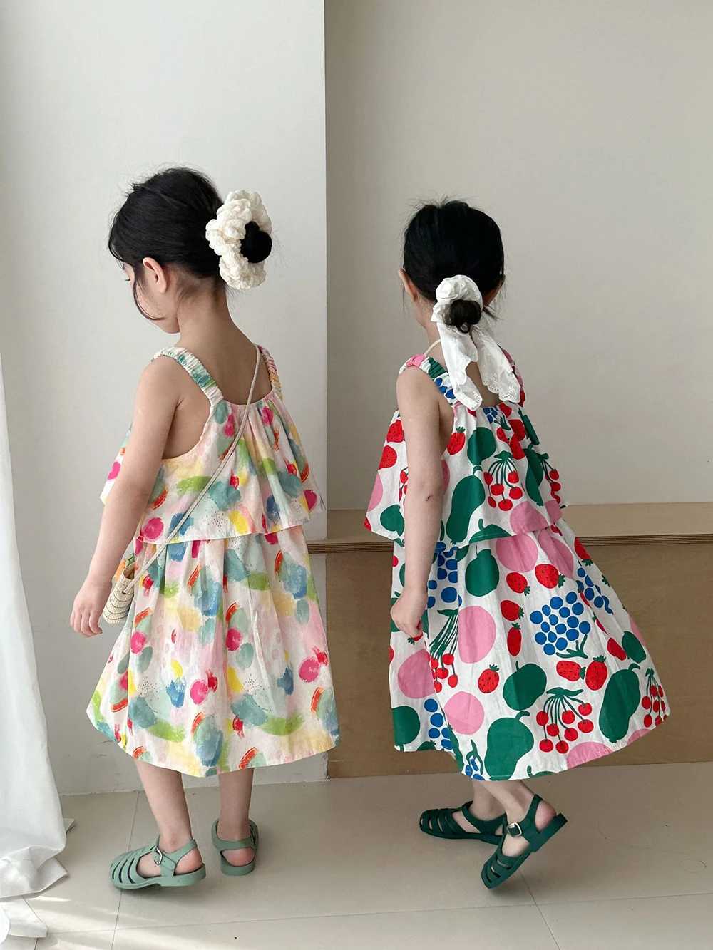 Childrens suspender backless dress 1-9 years fruit print sisters suit summer dress W250326