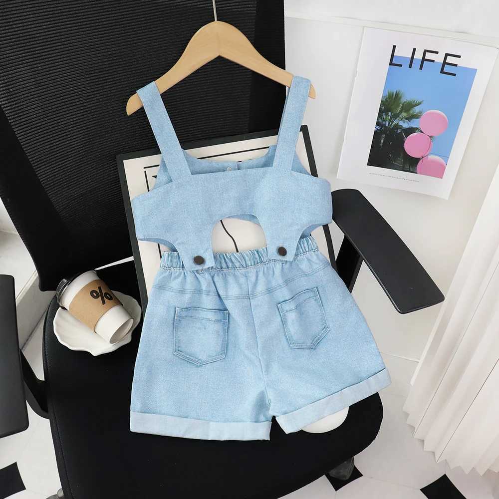 Bear Leader Girl Summer Clothing Solid Color Imitation Jeans Pendant Top+Shorts Set with Two Piece Button Set Childrens ClothingT250327