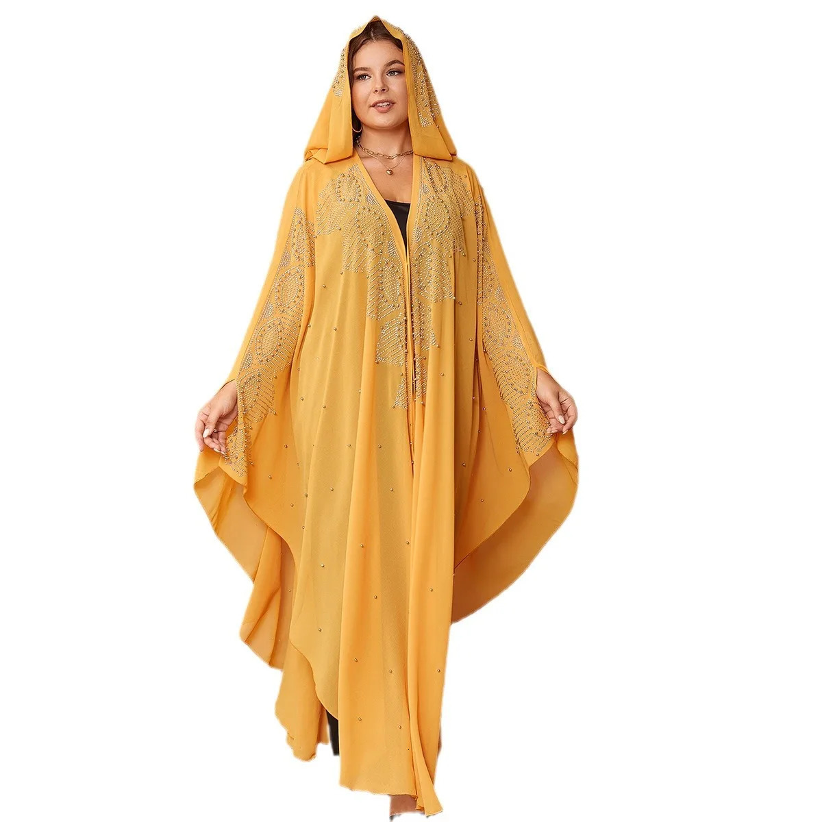 Plus size womens Muslim long sleeved Vneck polyester black yellow and white skirt Dubai Abaya Kaftan dress 250326