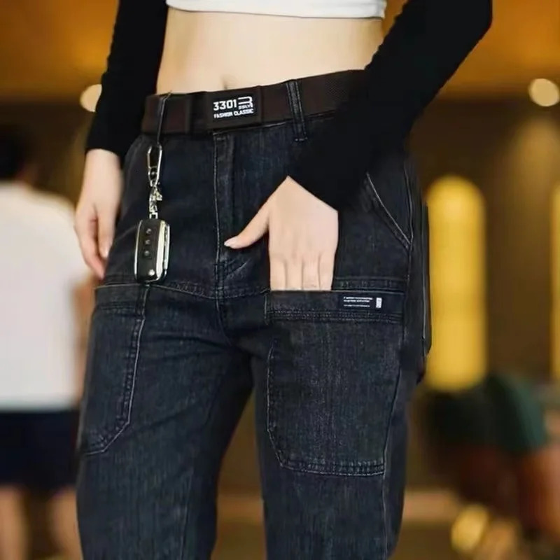 2024 Mens Casual Multiple Pockets Jeans Mid-Waist Elastic Straight Denim Trousers Versatile Loose Personality Pants 250317
