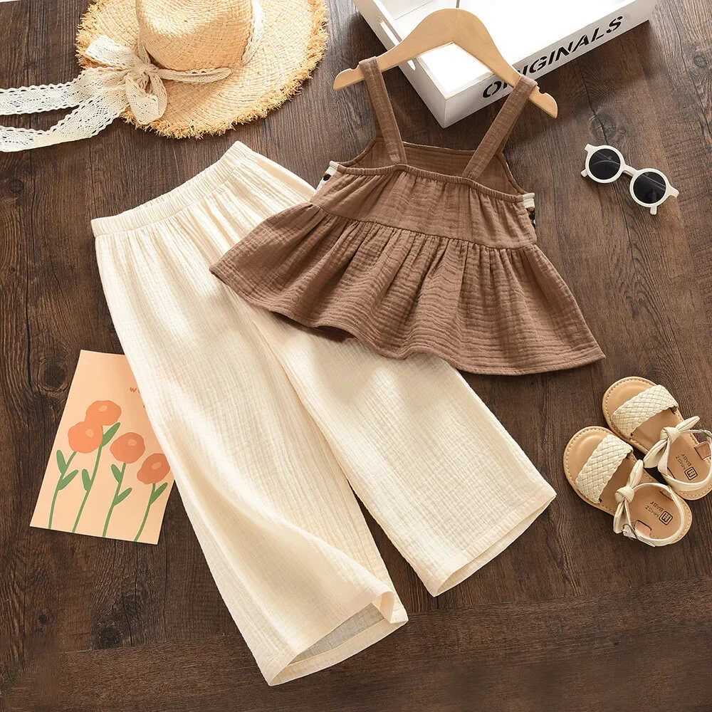 Bear Leader Girls Suit Summer Brown Retro Printed Flat Shoe Top+Beige Pants Sweet Two Piece Set 3-7 Years OldT250327