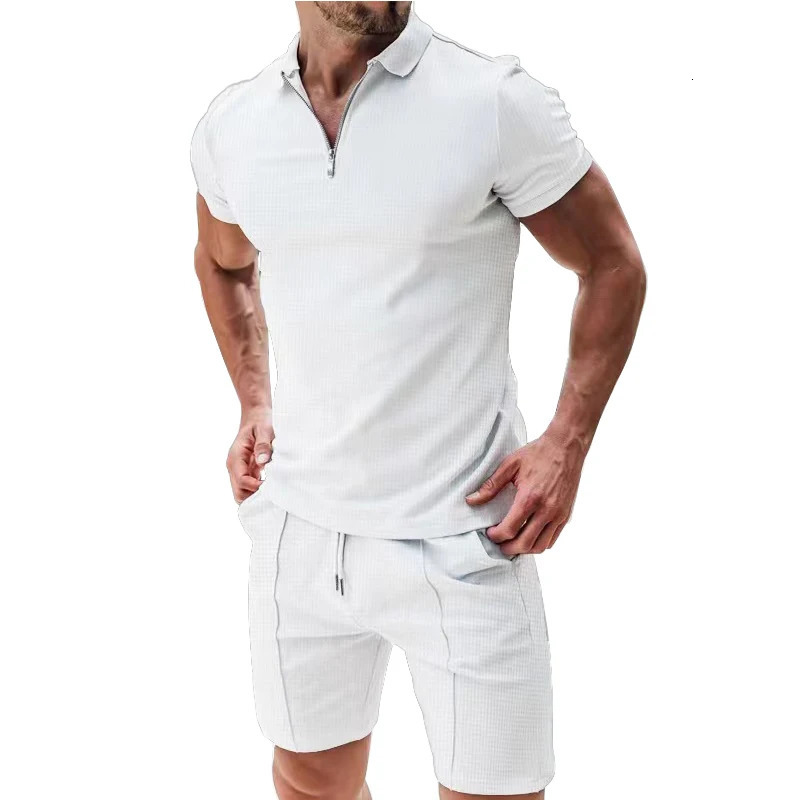 European and American mens short sleeved summer waffle solid color loose neck Tshirt casual sportswear 250327