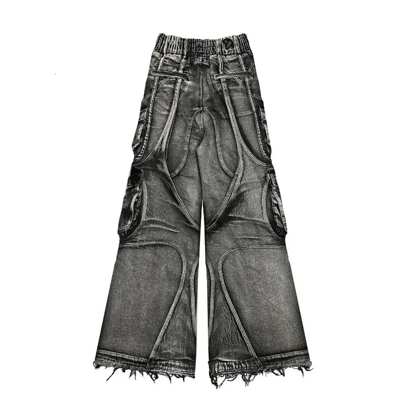 Heavy Washed Splicing Multi Pocket Loose Jeans Men Y2K American Fashion Streetwear Retro Rock Roll High-waisted Trousers 250317