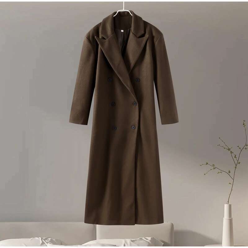 Women's Coat Lapel Women Long Coats Casual Straight Overcoat Double-Breasted Office Ladies Coat Autumn Winter Vintage Streetwear Outwear