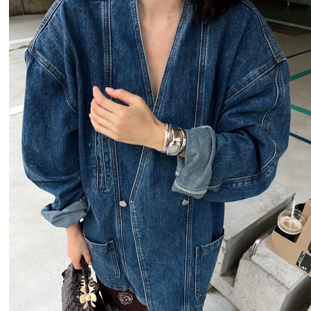 Get Spring Womens Denim Jacket SpringSummer Retro Double Chest Shoulder Pads Vneck Loose Casual Long Blue 250326