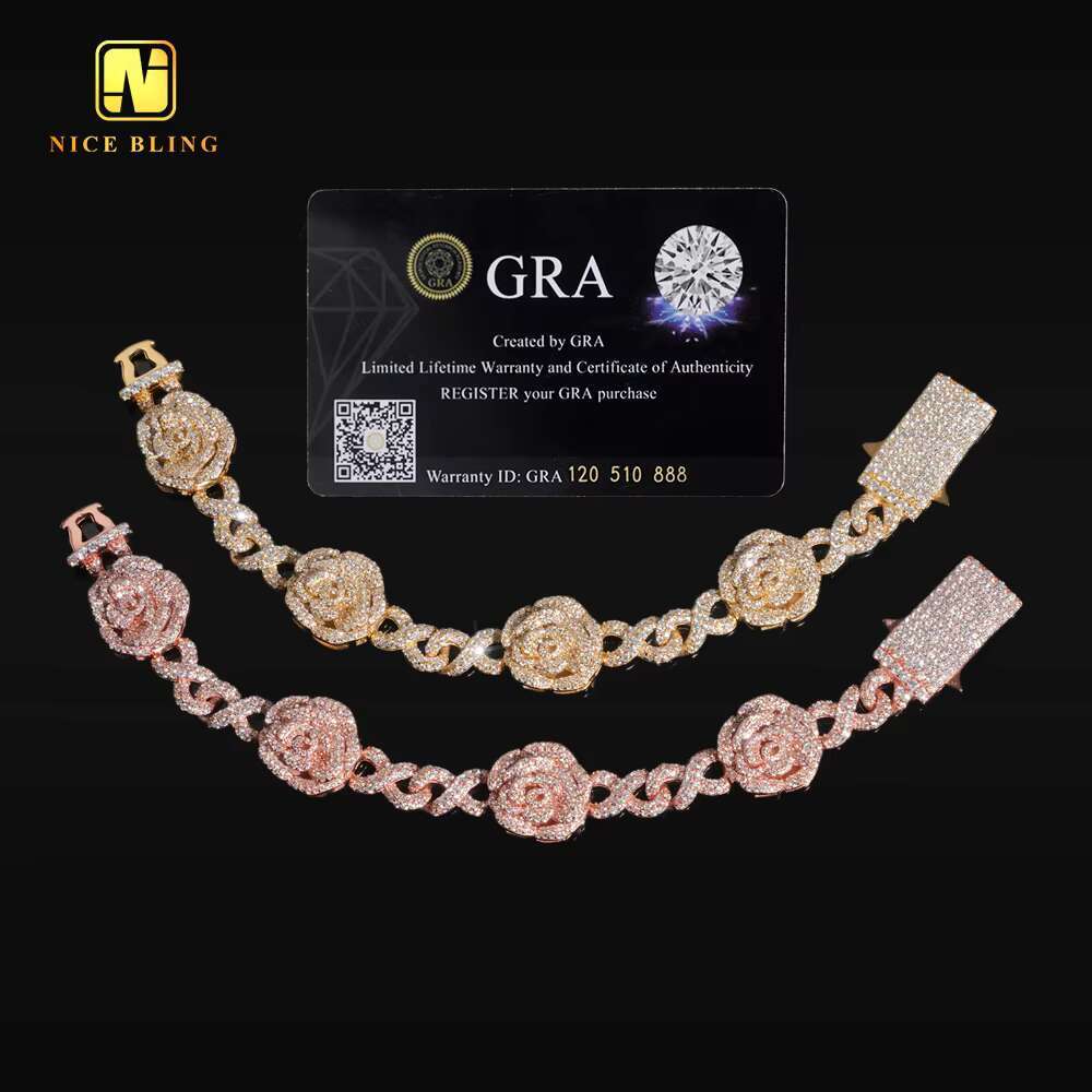 New Design Fine Hip Hop Style Jewelry Custom Iced Out 16.5mm Rose 925 Silver Cuban Link Chain VVS Moissanite Diamond Bracelet